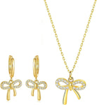Bow Necklace Earrings for Women 14K Gold Plated Bowknot Choker Dainty Bow Earring Wedding Prom Fashion Jewelry Set Gifts (style - Zirconia bow)
