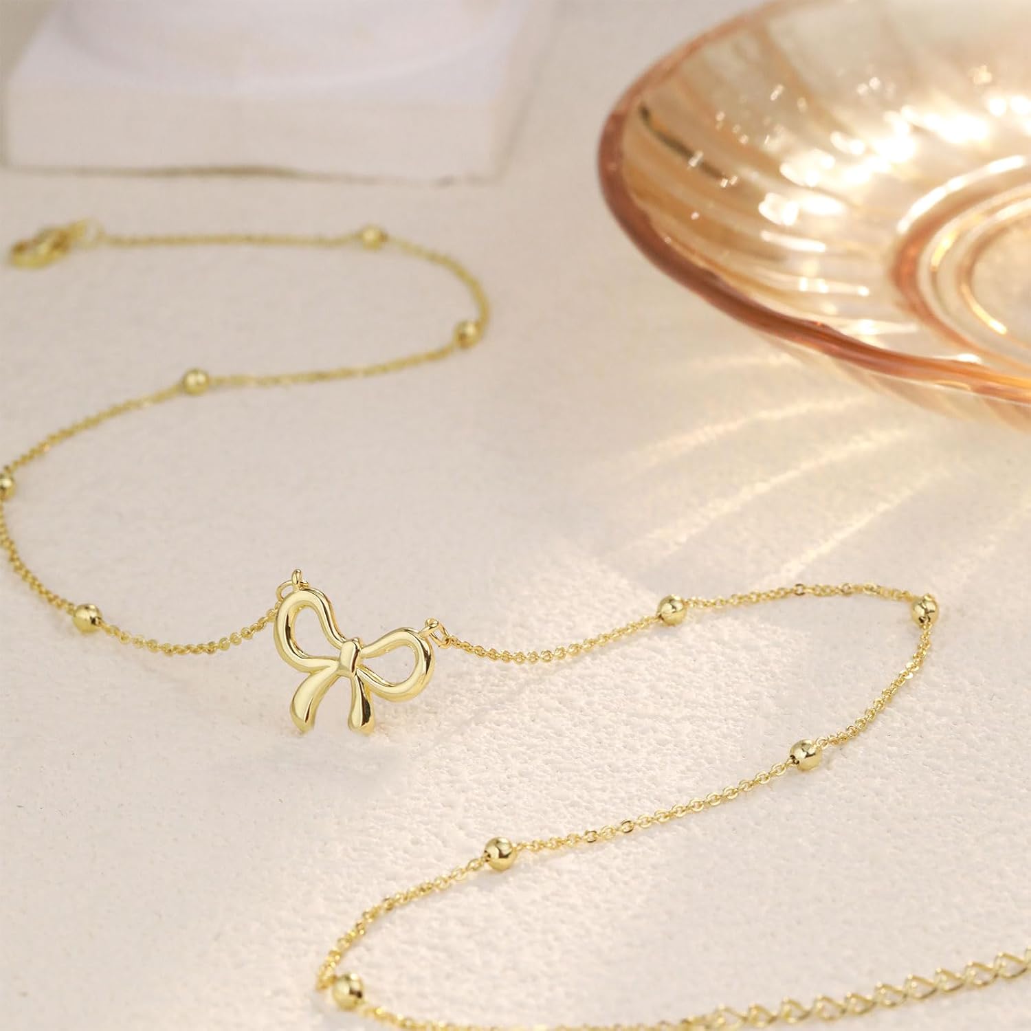 CAROVO Gold Necklace for Women Bow Necklace 14K Dainty Layered Gold Necklace Cute Small Cubic Zirconia Bow Pendant Choker Chain Necklace Trendy Necklace Jewelry Gift for Women