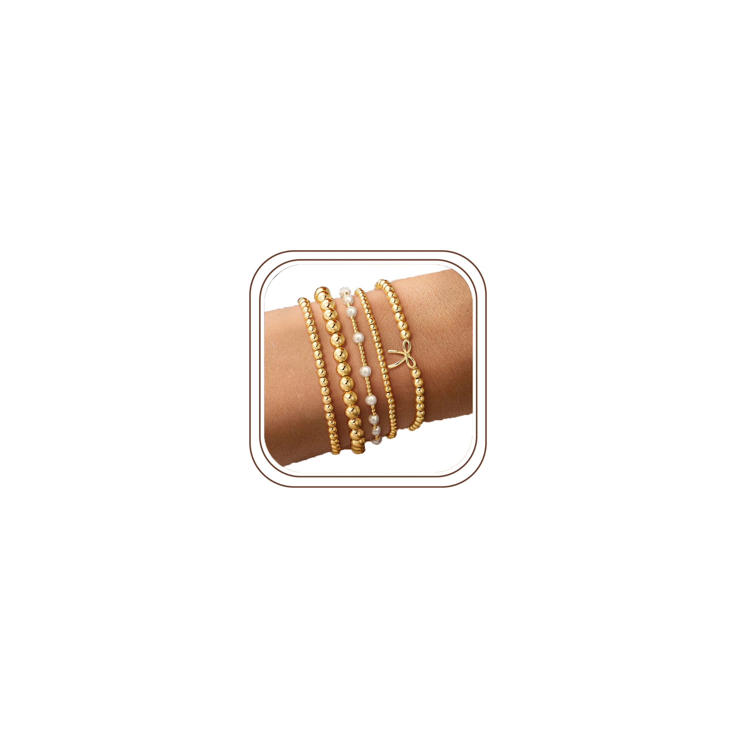 Yoosteel Gold Beaded Bracelets Set for Women Teen Girl Gifts Non Tarnish - 14K Gold Plated Dainty Round Beaded Pearl Cross Bracelet Stack for Women Teenage Girls Stackable Jewelry Gifts