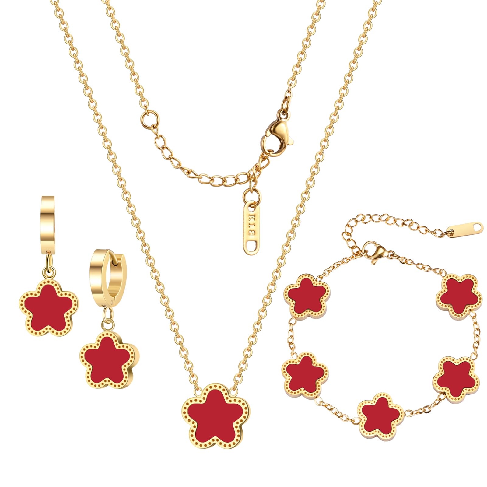 Lucky Clover Jewelry Set 18K Gold Plated Five Leaf Clover Necklace Bracelet Earrings Set Flower Jewelry Sets Birthday Gifts for Women