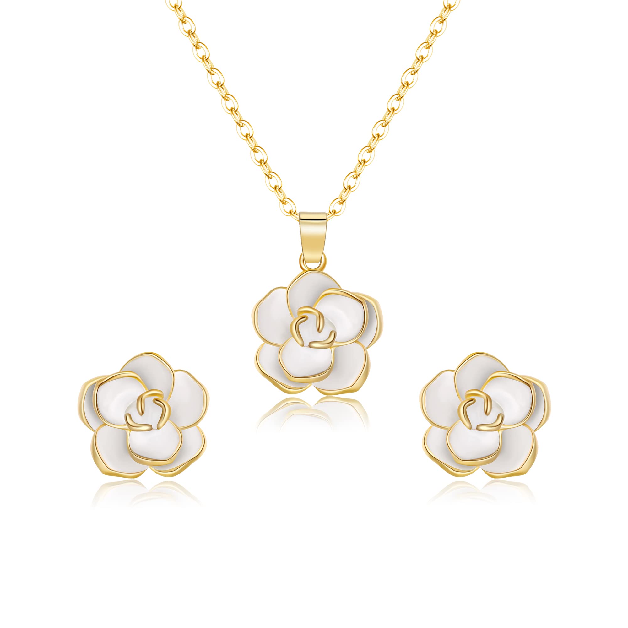 EleQueen Rose Flower Necklace Earrings Bracelet Set 14K Gold Plated Hypoallergenic Jewelry Sets Gift for Women
