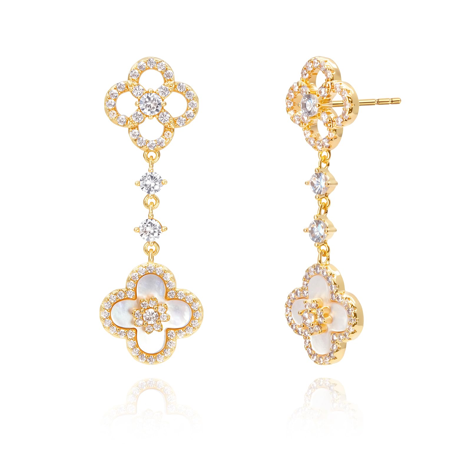 Aura & lrena Clover Earrings for Women, Vintage Pearl Earrings, Bridal Earrings, 18K Gold Plated with Mother of Pearl and AAA Zirconia, 925 Silver Hypoallergenic Posts, Gift for Wedding Anniversary
