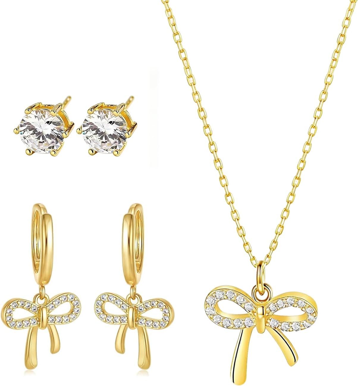 Bow Necklace Earrings for Women 14K Gold Plated Bowknot Choker Dainty Bow Earring Wedding Prom Fashion Jewelry Set Gifts (style - Zirconia bow)