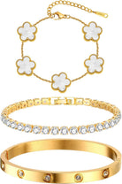 Womens Stackable Floral Gold Bracelets - 3Pcs 18K Gold Plated Bracelet,Stainless Steel Bangle Bracelets Non Tarnish, Gold Bracelet Set Trendy Jewelry,Christmas Valentines Birthday Gifts for Girlfriend