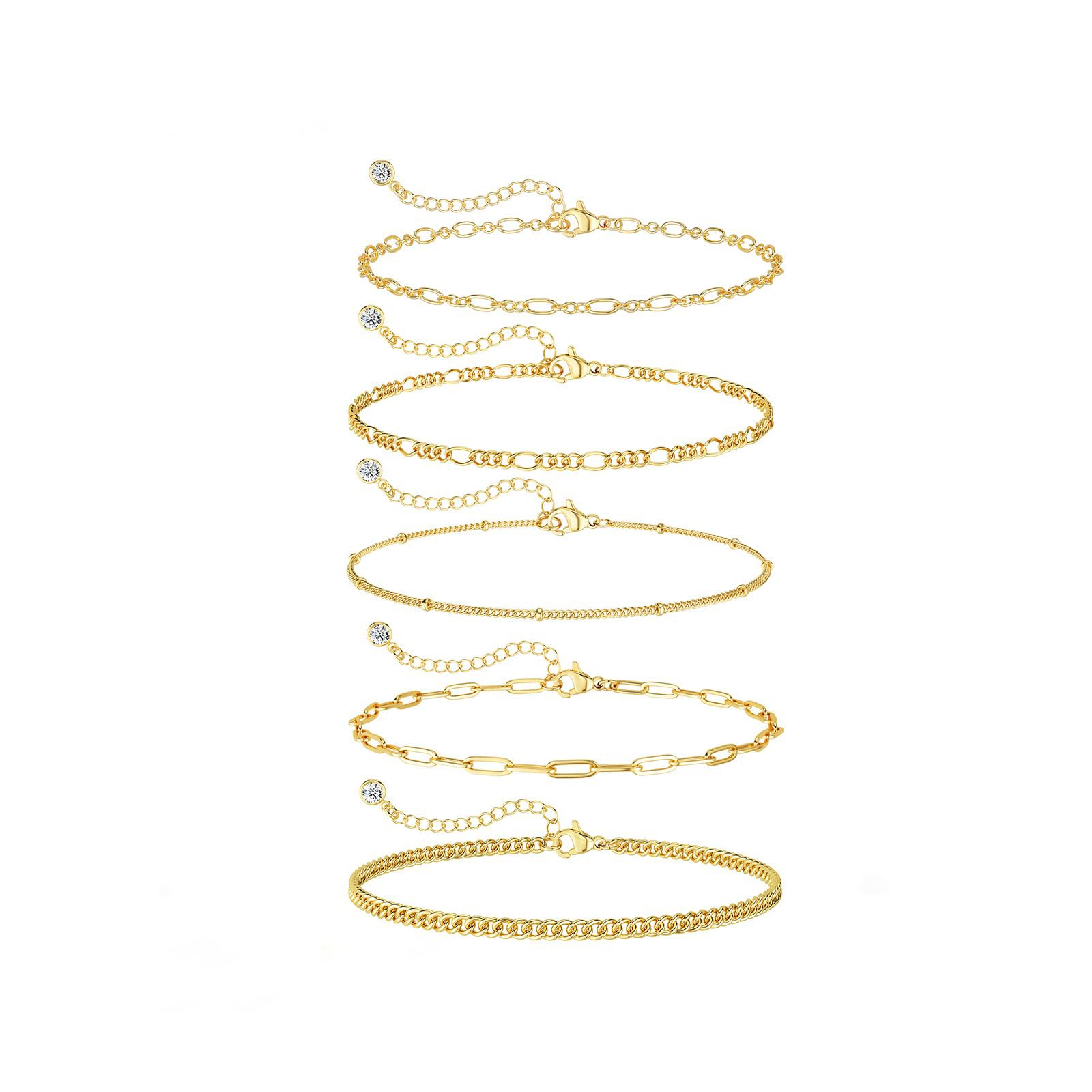 Dearmay Gold Bracelets for Women Waterproof, 14K Gold Plated Minimalist Bracelets Stack Non Tarnish Trendy Dainty Herringbone Vintage Cuban Paperclip Rope Thin Box Link Chain Stackable Jewelry Sets Modern Fashion Accessories Gifts for Womens