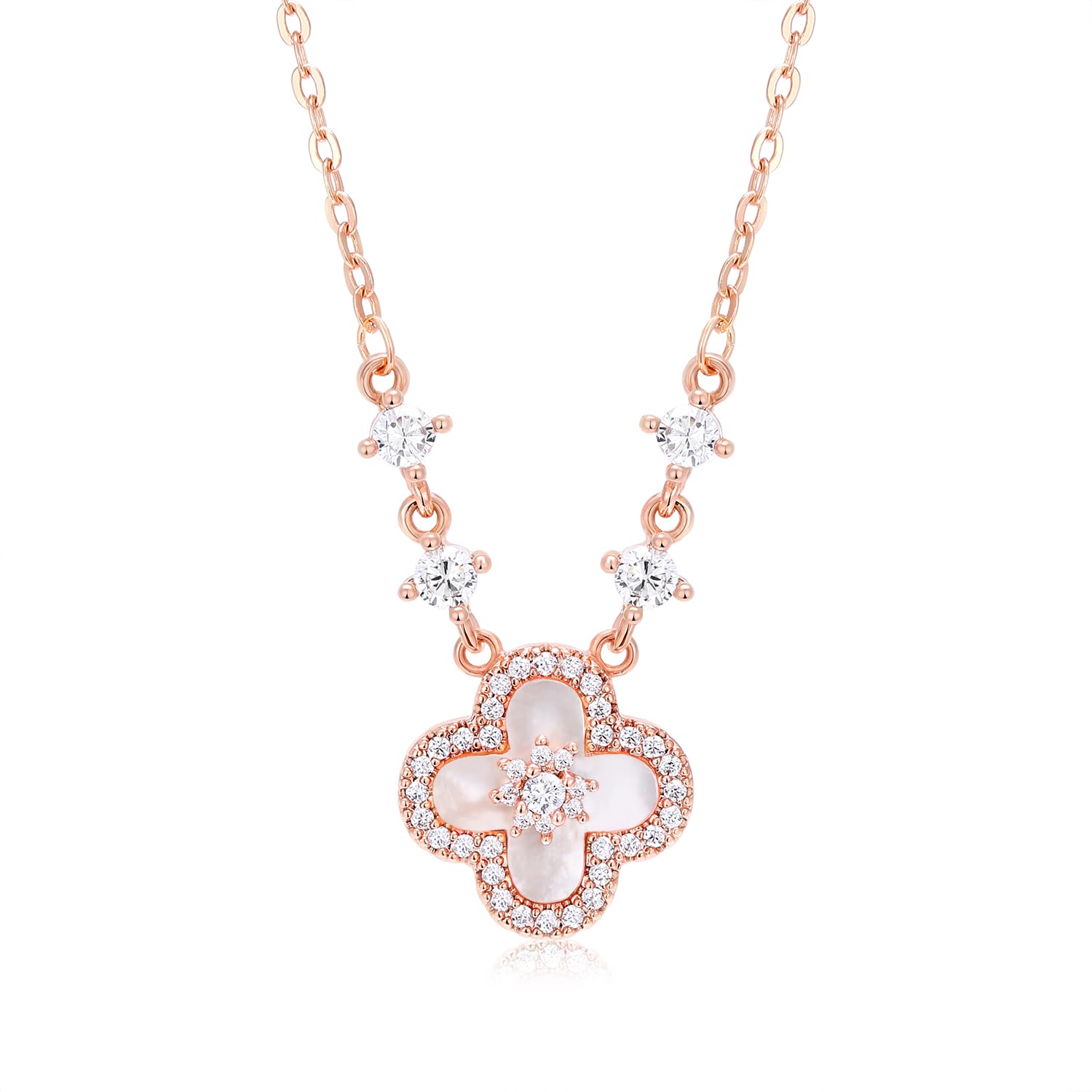 Women's 18K Gold Plated Clover Necklace with White Natural Shell - Four Leaf Lucky Charm Dainty Link Necklaces Jewelry for Women, Trendy Birthday/Mother's Day Gift