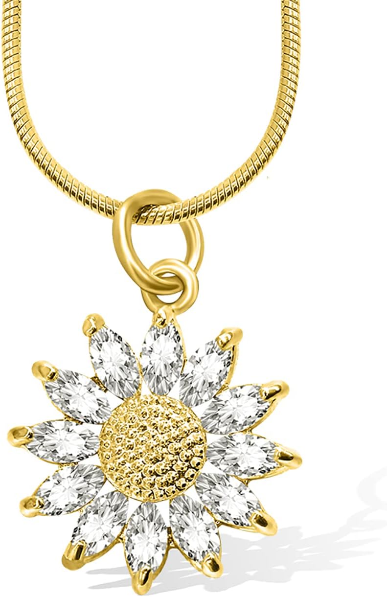 14K Gold Plated Sunflower Necklace for Women Teen Girls Friendship Sunflower Gifts for Mom, Girlfriend, Sunshine Flowers Necklace Shiny Cubic Zirconia Petals Chain Length 16"+4" Extender