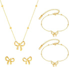WETMT 4Pcs 14K Gold Plated Bow Necklace Earring Bracelet Anklet Set for Women Cute Dainty Stainless Steel Chain Bow Pendent Choker Necklace Set Stuff Personalized Jewelry Gift