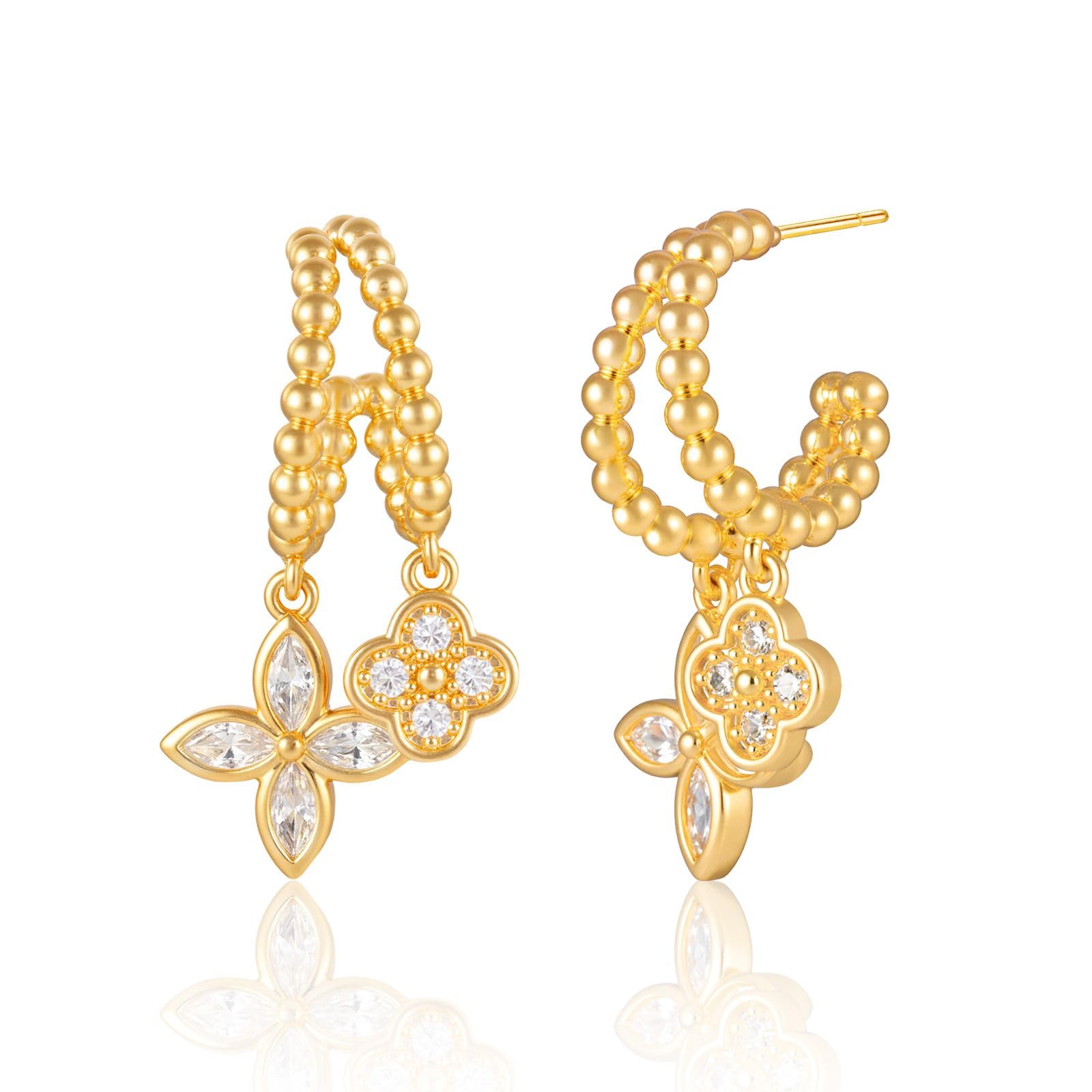 Aura & lrena Clover Earrings for Women, Vintage Pearl Earrings, Bridal Earrings, 18K Gold Plated with Mother of Pearl and AAA Zirconia, 925 Silver Hypoallergenic Posts, Gift for Wedding Anniversary