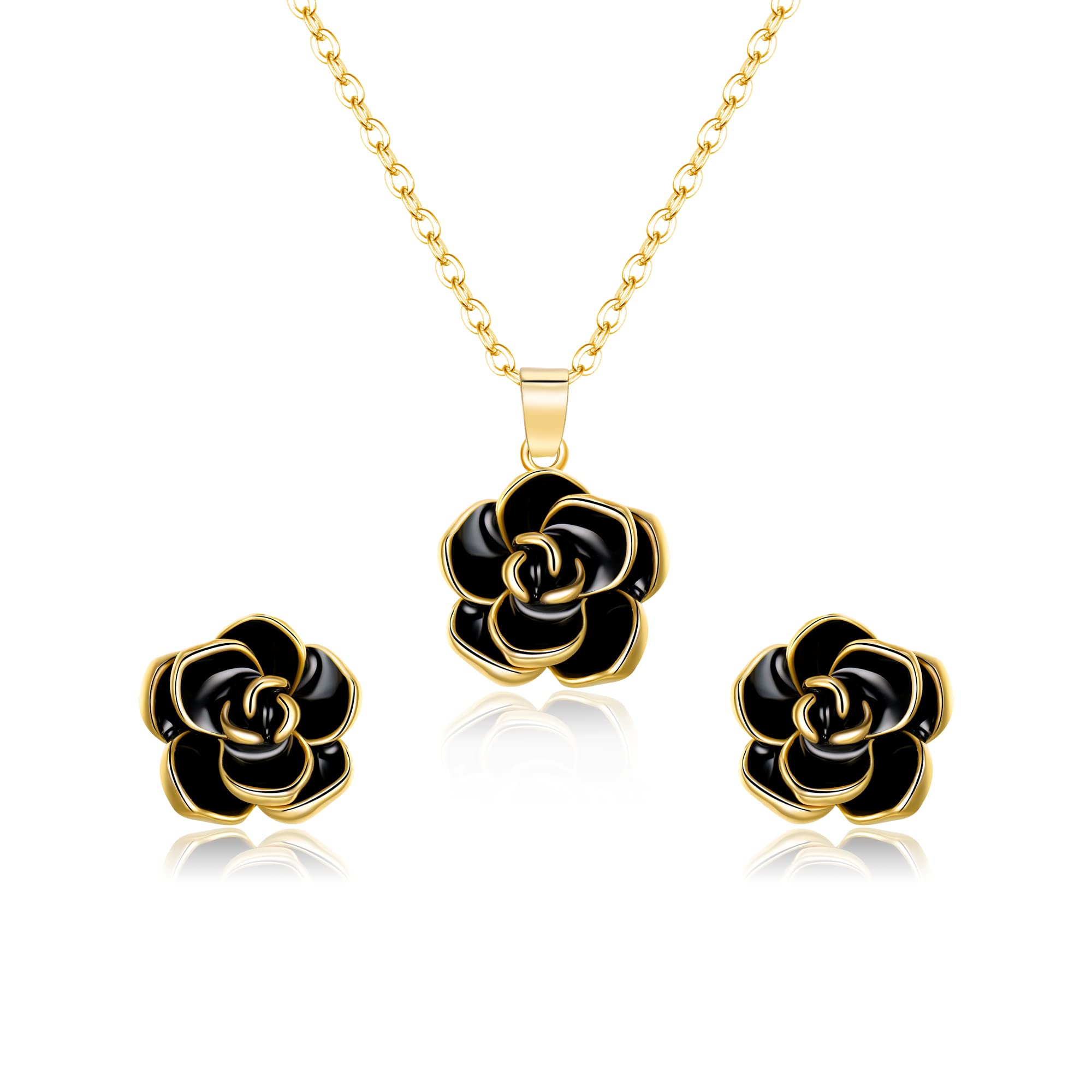 EleQueen Rose Flower Necklace Earrings Bracelet Set 14K Gold Plated Hypoallergenic Jewelry Sets Gift for Women
