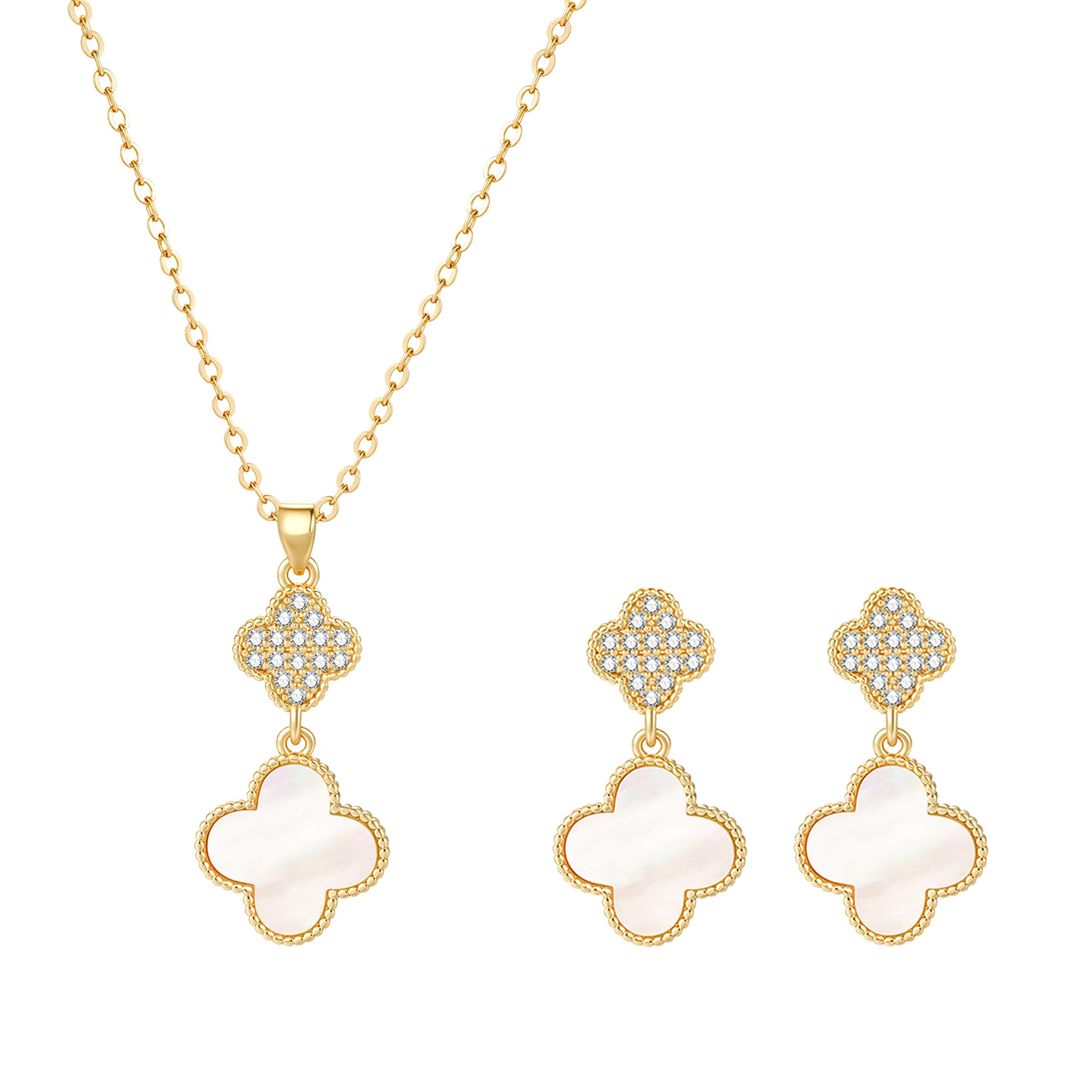 COBI Four Leaf Clover Necklace and Stud Earrings Jewelry Set White Black Green, 18k Gold Plated Clover Earrings Pendant Necklace, Clover Jewelry Set Gifts for Women