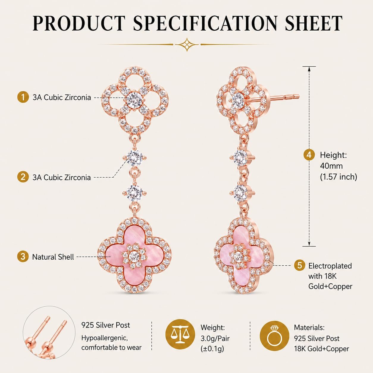 Aura & lrena Clover Earrings for Women, Vintage Pearl Earrings, Bridal Earrings, 18K Gold Plated with Mother of Pearl and AAA Zirconia, 925 Silver Hypoallergenic Posts, Gift for Wedding Anniversary