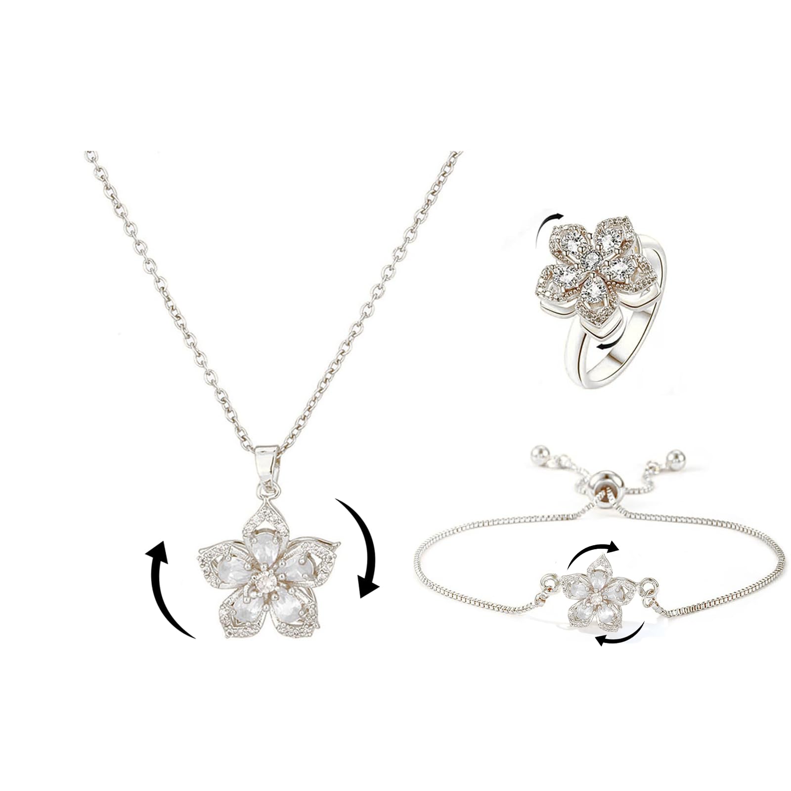 Necklace for Women Gold Flower Fidget Necklace Rotatable Crystal Silver Blossom Pendant Necklaces Adjustable Spinning Fidget Necklaces Redbud Flower Choker Funny Gift Jewelry