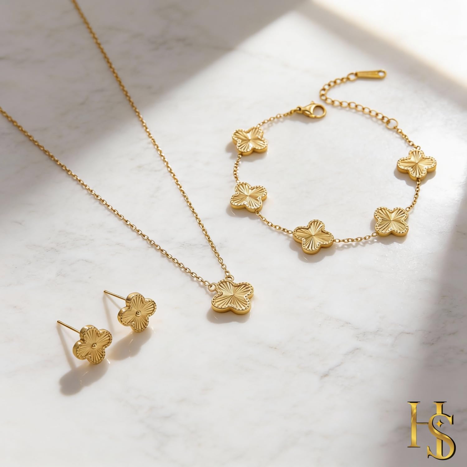 HighSpark Four Leaf Jewelry Set for Women | Designer Clover Necklace Earrings Bracelet Set | Lovely Gift