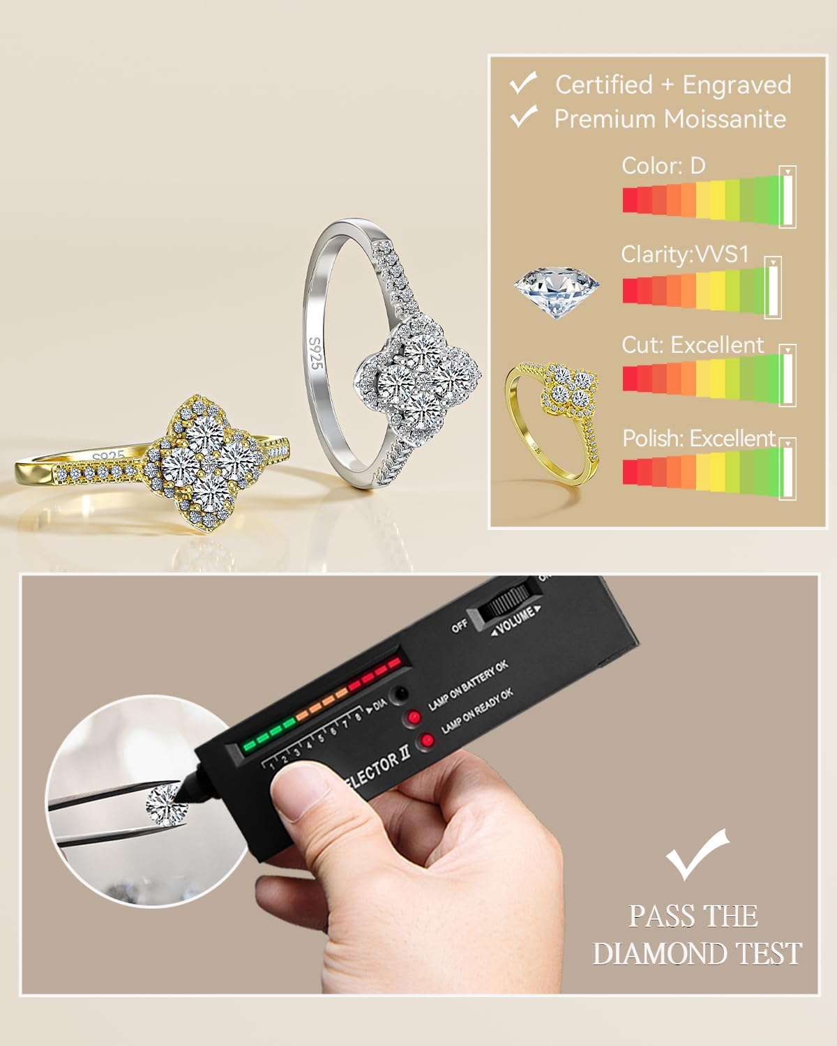 Moissanite Rings for Women 1.3ct Lucky Rings Four Leaf Clover Ring Promise Engagement Wedding Bands D Color VVS1 Moissanite Statement Rings Lucky Gifts for Women