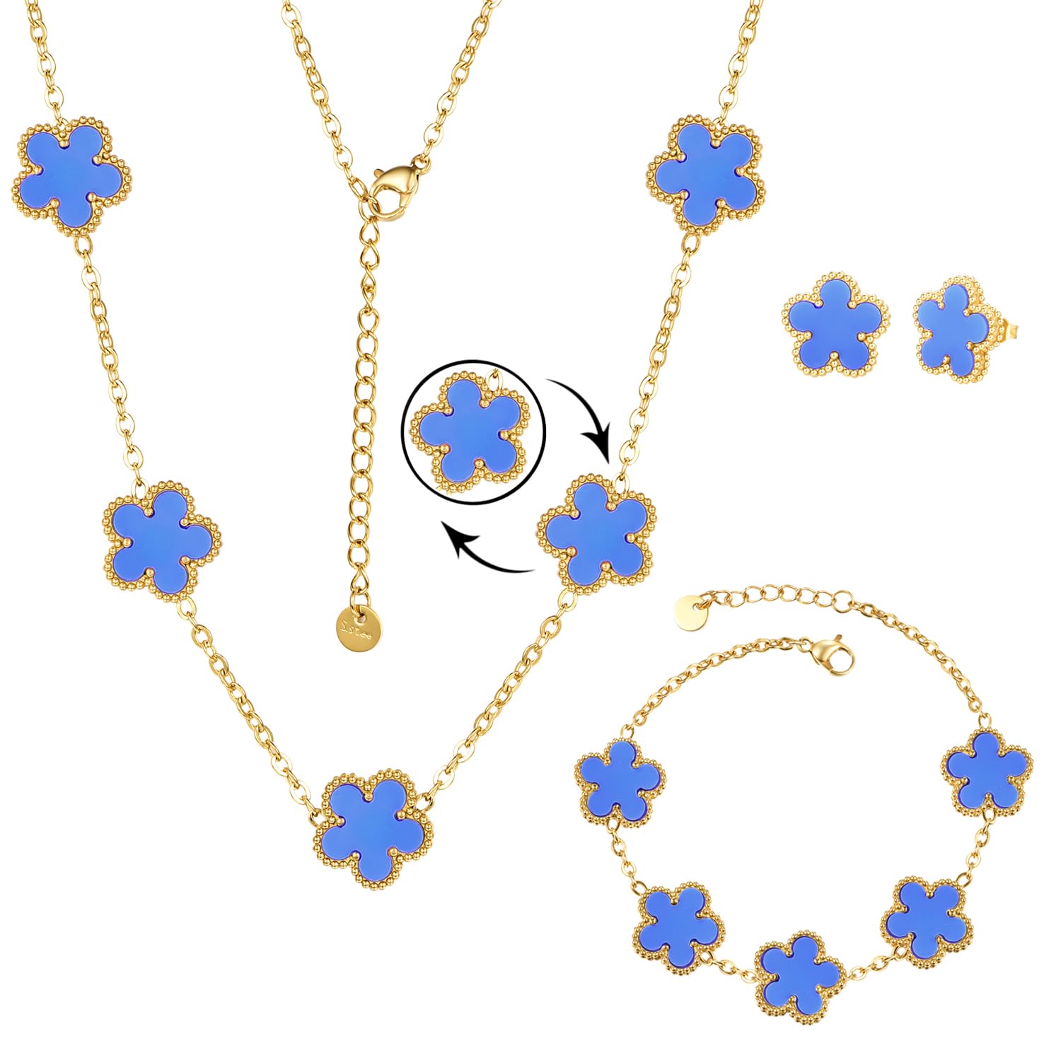 Clover Neckalce Bracelet Earring Set for Women 14K Gold Plated Stainless Steel Four Leaf Clover Jewelry Set