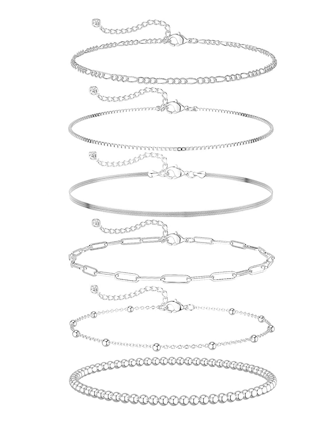 DEARMAY 6PCS Gold&Silver Bracelets Set for Women Dainty, Stackable Sterling Silver Plated Beaded Figaro Herringbone Paperclip Chain Waterproof, Layered Bracelets Set Gifts for Women Mom Her