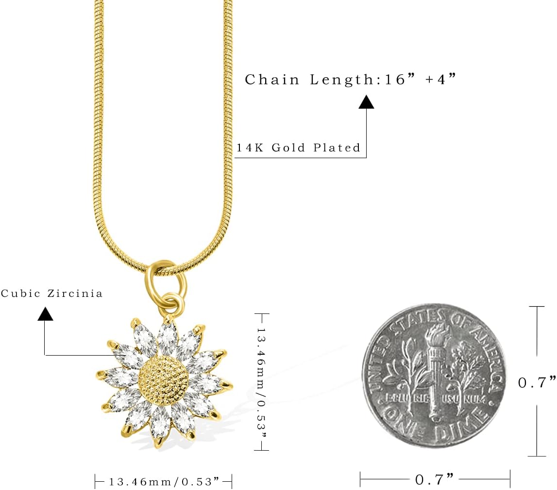 14K Gold Plated Sunflower Necklace for Women Teen Girls Friendship Sunflower Gifts for Mom, Girlfriend, Sunshine Flowers Necklace Shiny Cubic Zirconia Petals Chain Length 16"+4" Extender