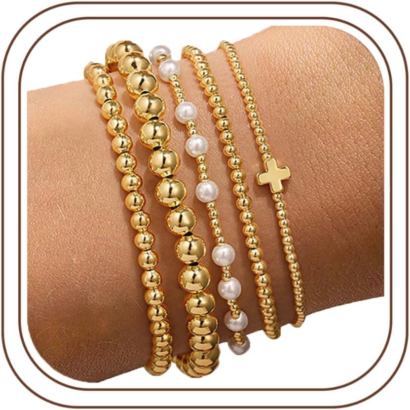 Yoosteel Gold Beaded Bracelets Set for Women Teen Girl Gifts Non Tarnish - 14K Gold Plated Dainty Round Beaded Pearl Cross Bracelet Stack for Women Teenage Girls Stackable Jewelry Gifts
