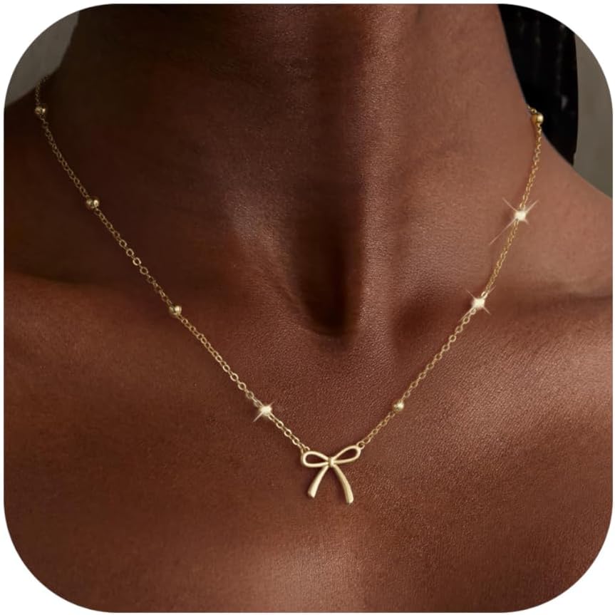 Thaivor Necklace for Women Dainty Bow Necklace 14K Gold Plated Cute Choker Small Pendant Charm Necklaces Teen Gift Trendy Stuff Personalized Jewelry Gifts