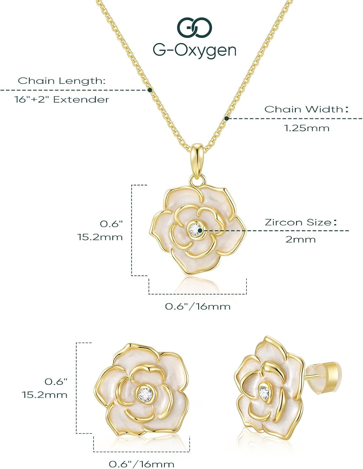 Rose Flower Earring Necklace Set - 14k Gold Plated Hypoallergenic Jewelry Sets For Women, Trendy Cubic Zirconia Floral Earring Pendant Necklace Anniversary Birthday Gift for Her