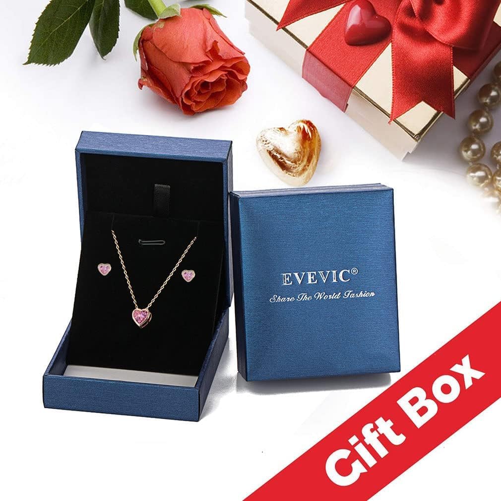 EVEVIC Austrian Crystal Heart Pendant Necklace Earrings for Women 14K Gold Plated Hypoallergenic Jewelry Set