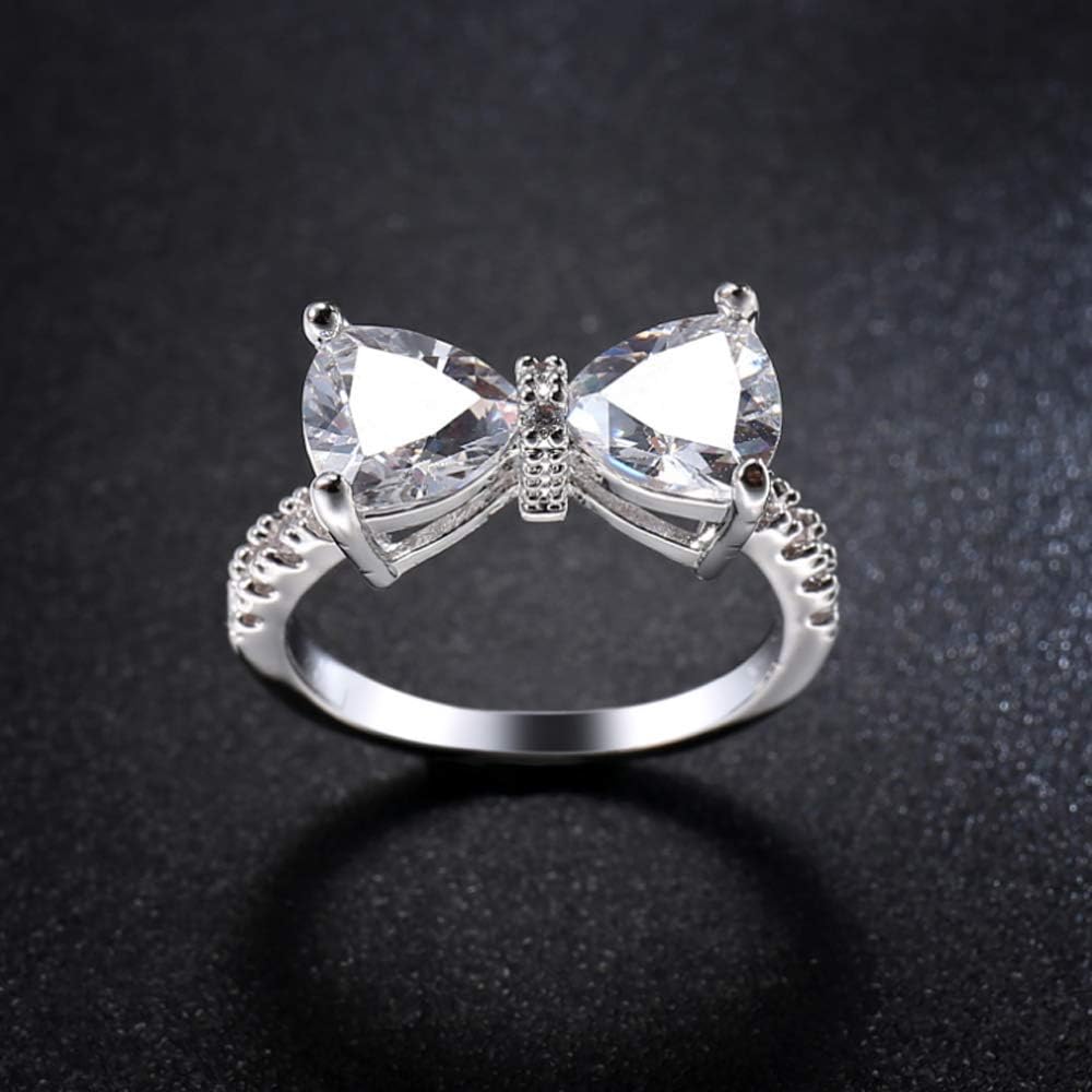 Fashion Bow Tie Ring Heart Cubic Zirconia Bowknot Anniversary Wedding Engagement Ring White Gold Plated CZ Eternity Rings for Women