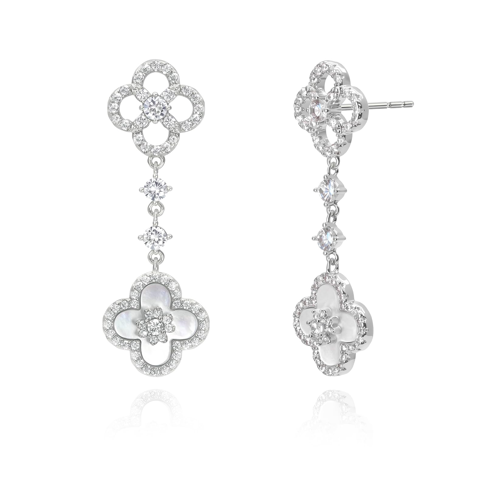 Aura & lrena Clover Earrings for Women, Vintage Pearl Earrings, Bridal Earrings, 18K Gold Plated with Mother of Pearl and AAA Zirconia, 925 Silver Hypoallergenic Posts, Gift for Wedding Anniversary