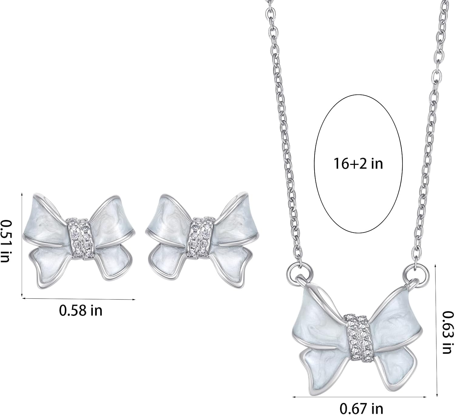 Silver Bow Earrings and Necklace Set for Women Elegant White Gold CZ Necklace & Stud Earrings Set with Clear Resin Drip, Dainty Matching Lovely Jewelry Gift for Her Mother (Birthday, Anniversary, Graduation, Christmas)