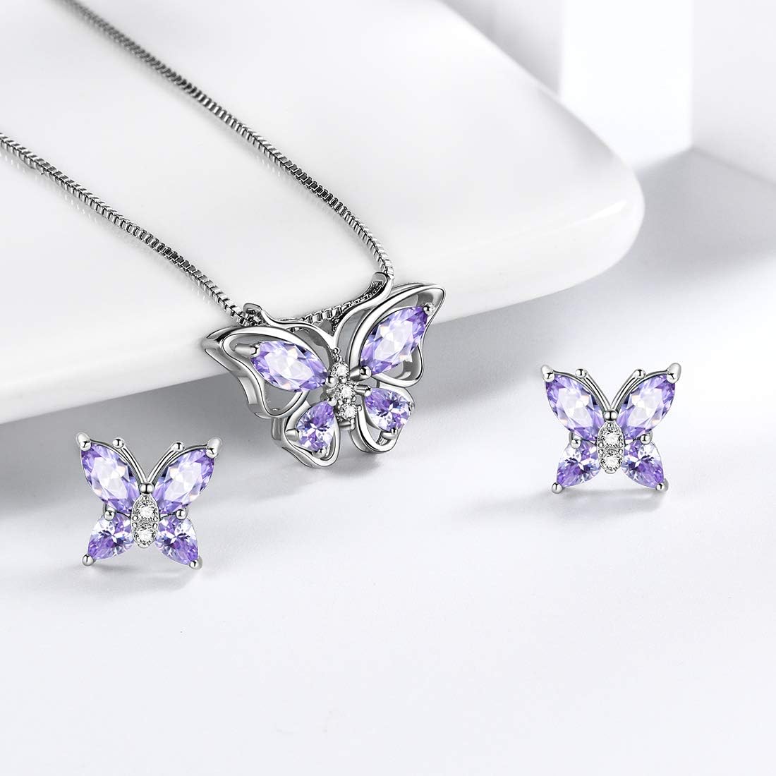 Aurora Tears Butterfly Jewelry,Women 925 Sterling Silver Butterflies Birthstone Pendant Necklace/Earrings/Rings Wedding Gift