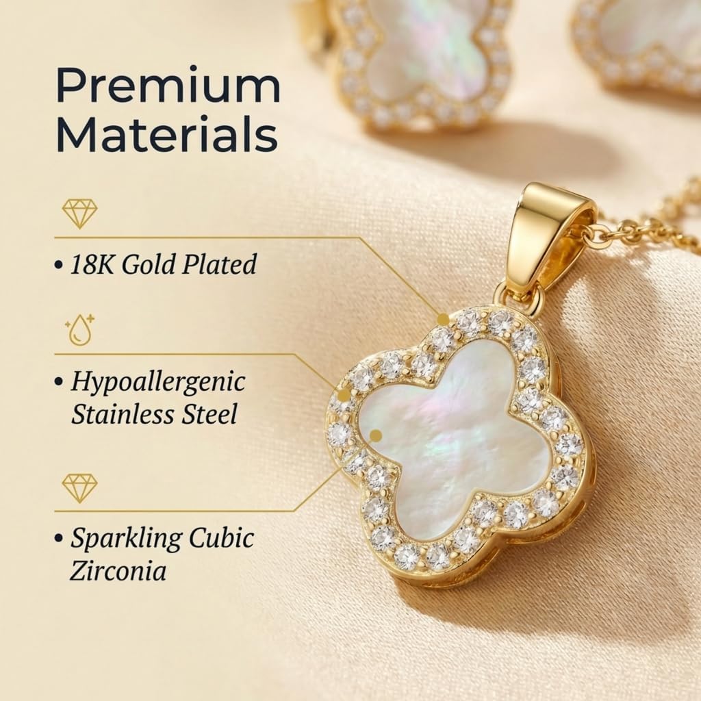 SHINYY Four Leaf Crystal Clover Necklace Earring Set for Women | 18K Gold Plated Cubic Zirconia Bracelet | 4 Leaf Lucky Pendant and Ear Studs | Jewelry Gift for Her