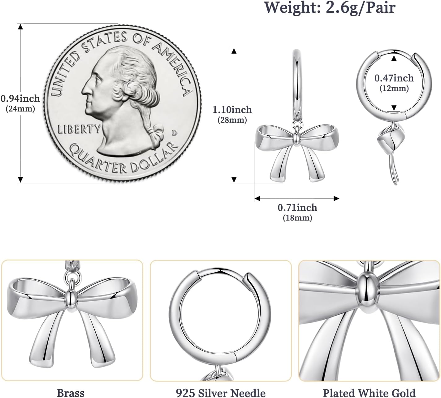 MUNDELL 14K Gold Plated Solid 925 Sterling Silver Post Bow Drop Earrings | Dainty Heart Waterdrop Hypoallergenic Drop Earrings for Women Jewelry Gift