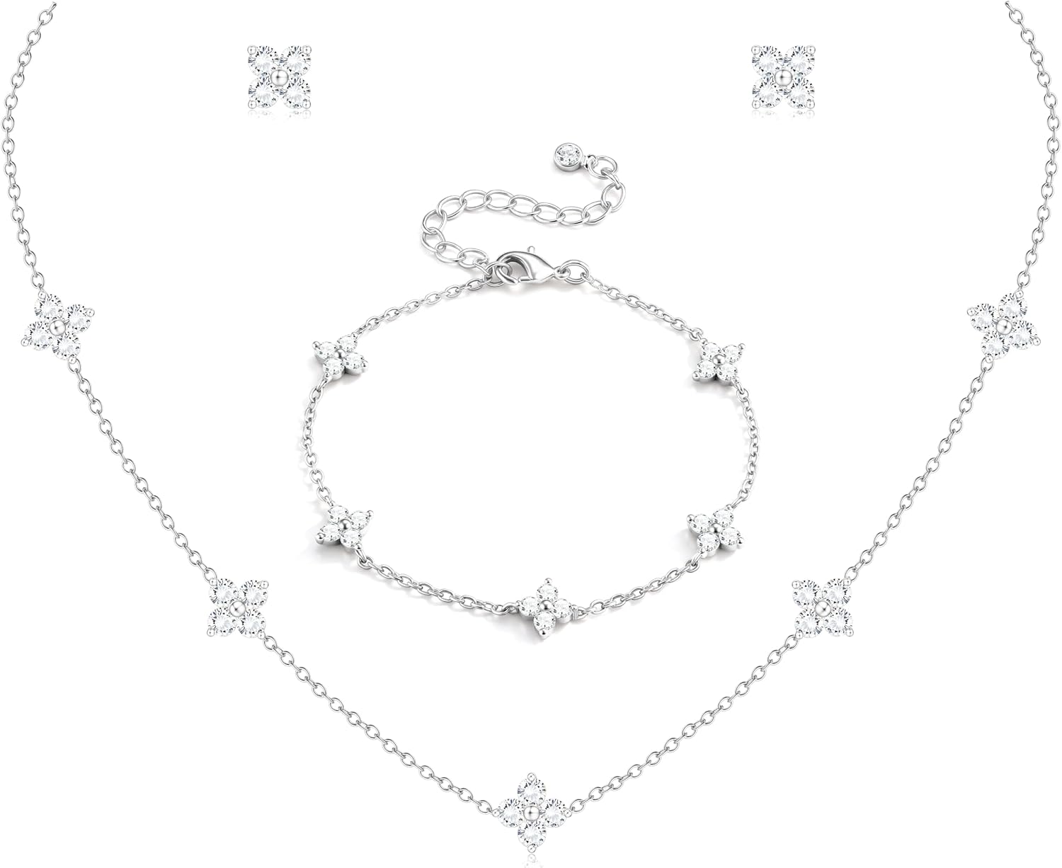 ORAZIO Dainty Silver Gold Jewelry Set for Women Trendy 14K Gold Plated CZ Flowers Pendant Choker Necklaces for Women Stud Earrings Link Bracelets Stack Jewelry Gifts for Wedding Prom Brides