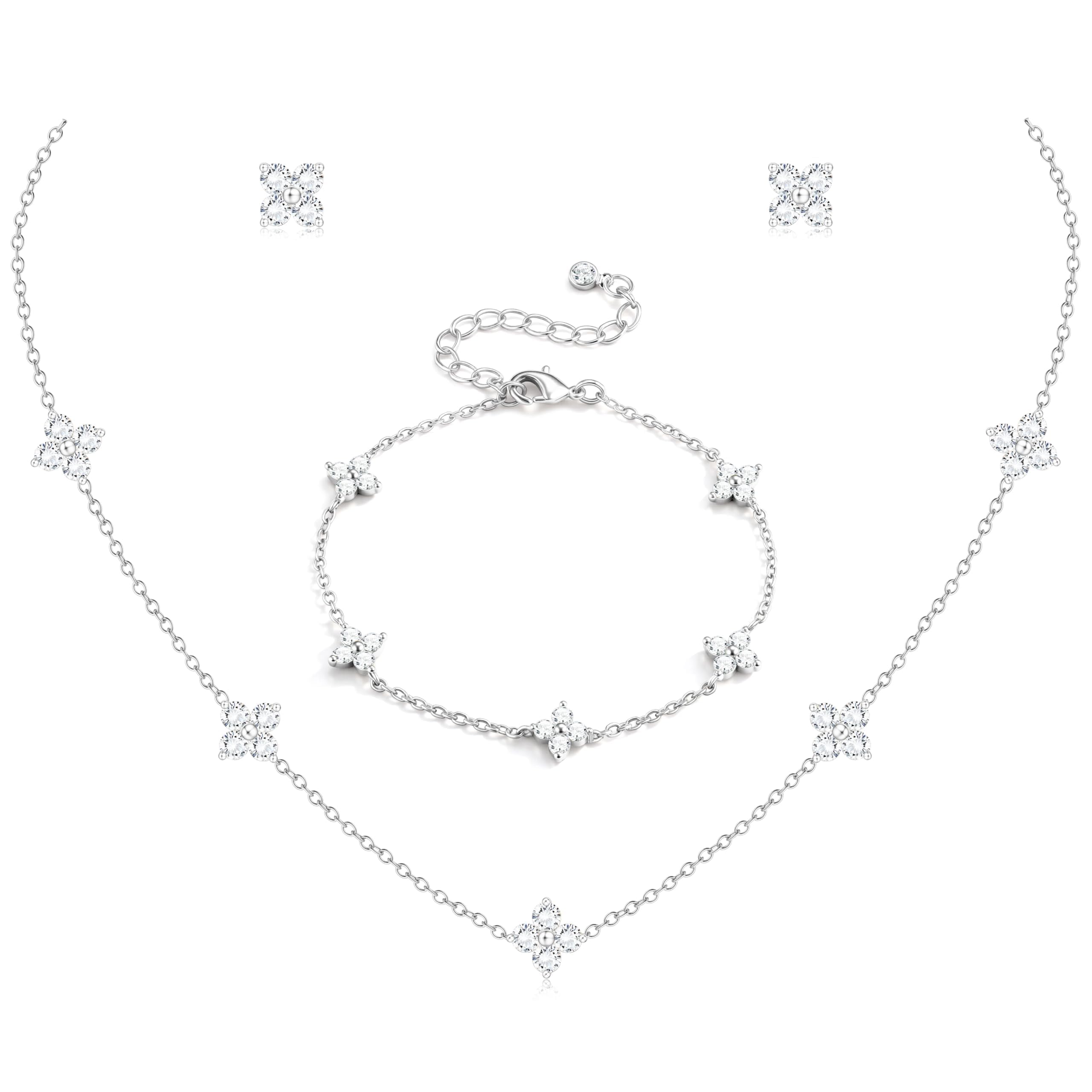 ORAZIO Dainty Silver Gold Jewelry Set for Women Trendy 14K Gold Plated CZ Flowers Pendant Choker Necklaces for Women Stud Earrings Link Bracelets Stack Jewelry Gifts for Wedding Prom Brides