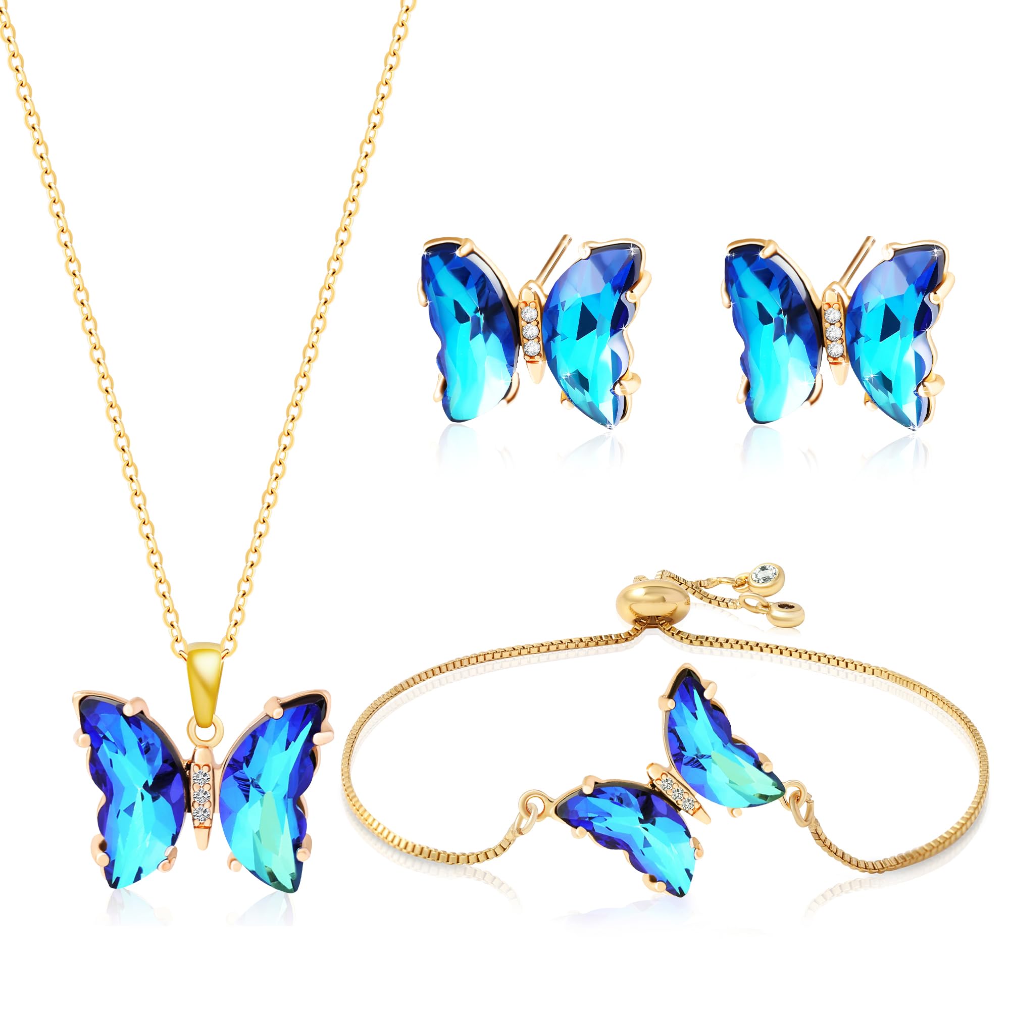 Butterfly Crystal Jewelry Set with Butterfly Necklace Stud Earrings Bolo Bracelet Adjustable Ring for Women Trendy, Iridescent Y2K Dainty Butterfly Jewelry Gifts