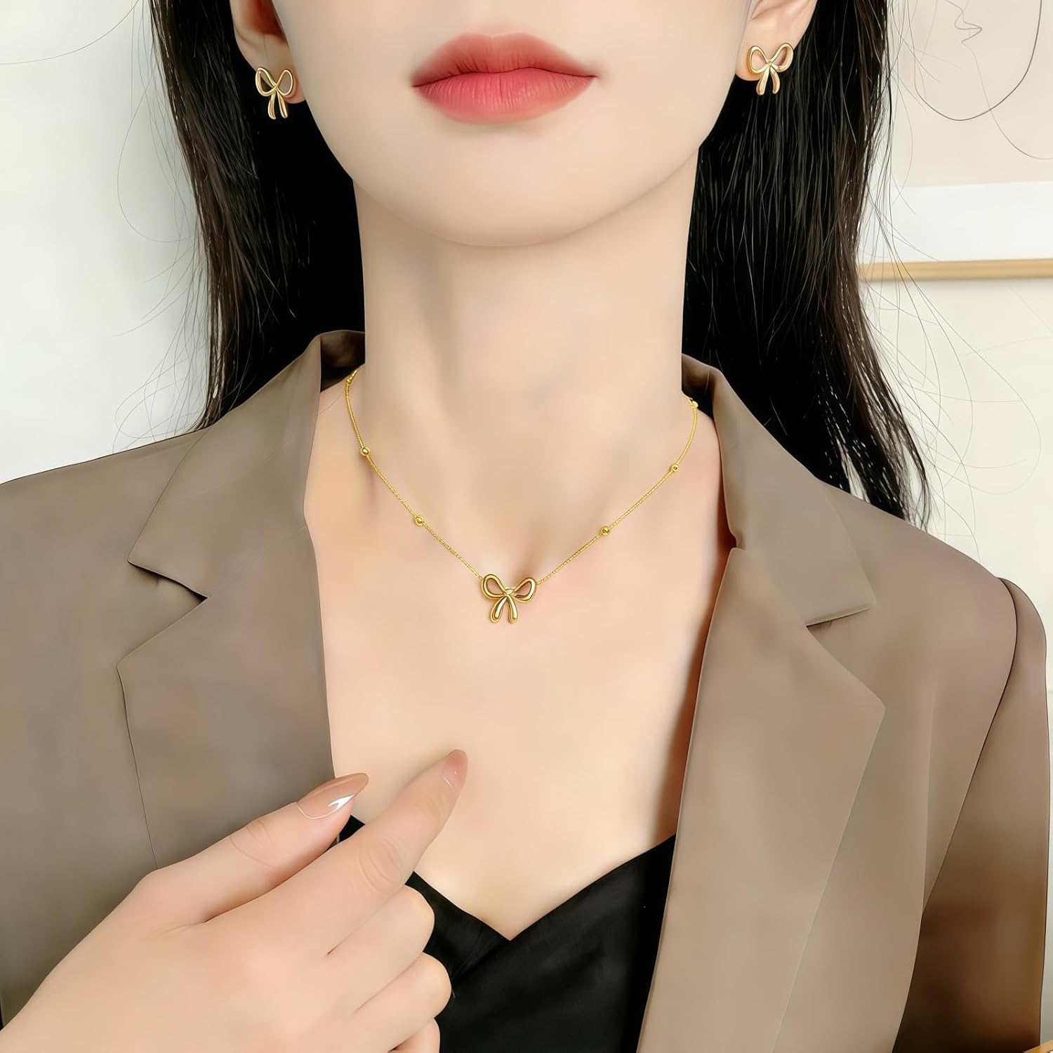 WETMT 4Pcs 14K Gold Plated Bow Necklace Earring Bracelet Anklet Set for Women Cute Dainty Stainless Steel Chain Bow Pendent Choker Necklace Set Stuff Personalized Jewelry Gift