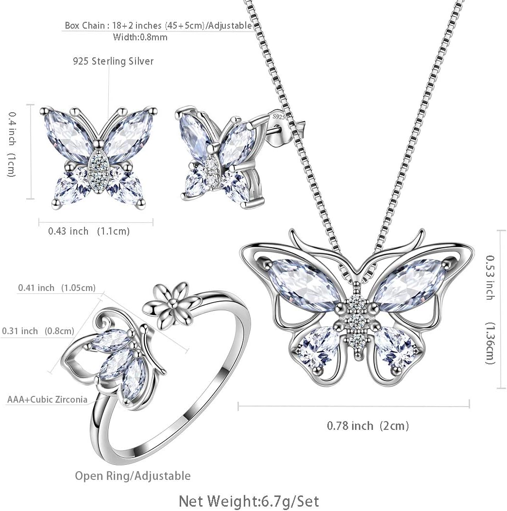 Aurora Tears Butterfly Jewelry,Women 925 Sterling Silver Butterflies Birthstone Pendant Necklace/Earrings/Rings Wedding Gift