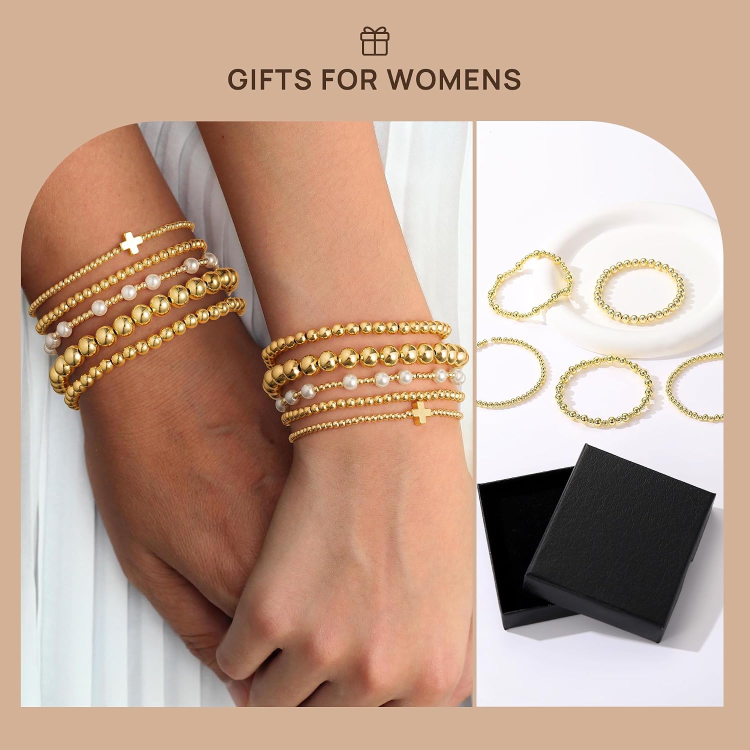 Yoosteel Gold Beaded Bracelets Set for Women Teen Girl Gifts Non Tarnish - 14K Gold Plated Dainty Round Beaded Pearl Cross Bracelet Stack for Women Teenage Girls Stackable Jewelry Gifts