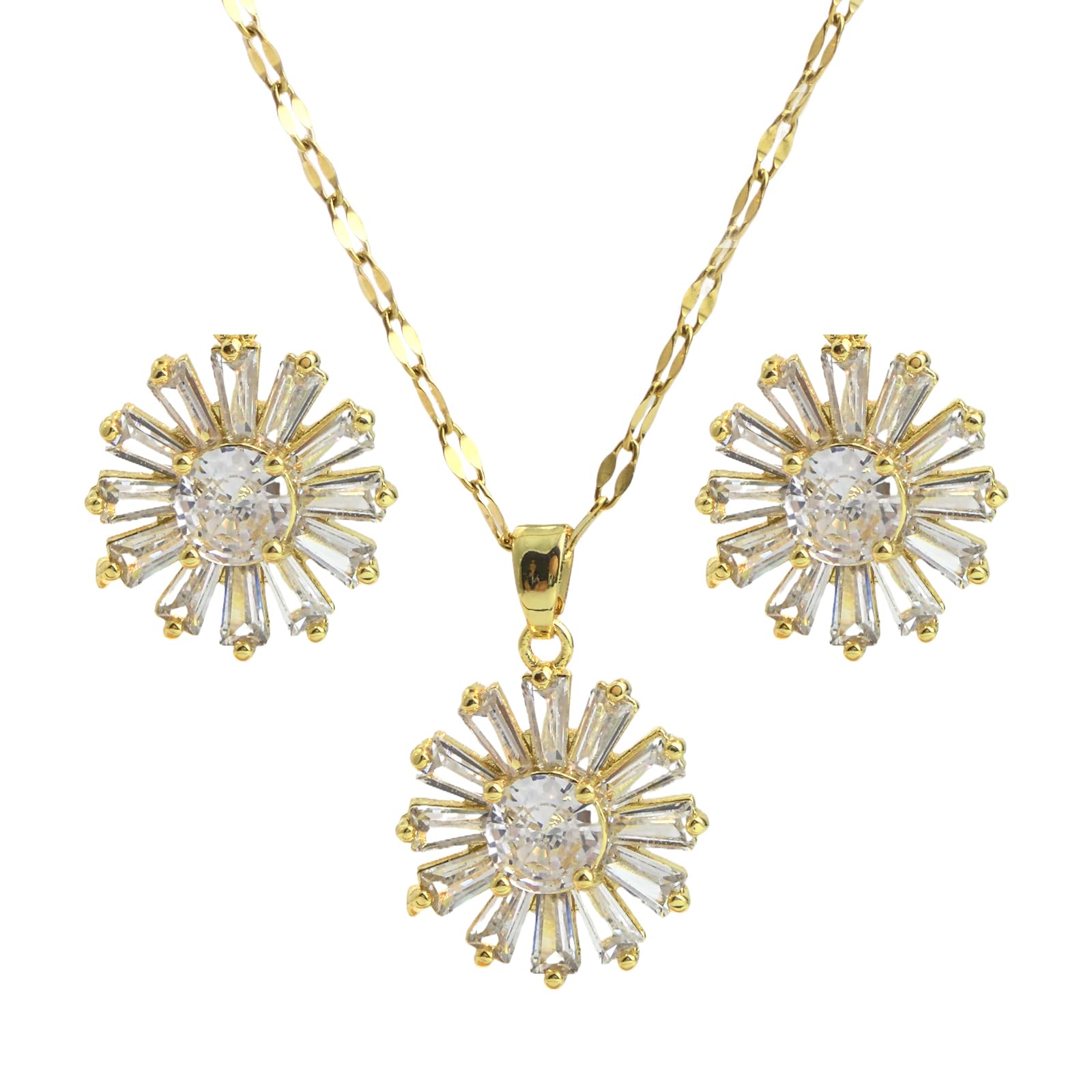 Delicate Zircon Flower Necklace Earrings Jewelry Set - 18K Gold Plated Stainless Steel Lip Chain Choker S925 Silver Needles Stud Earrings for Women, Luxury Accessories Gifts, Packed with Box