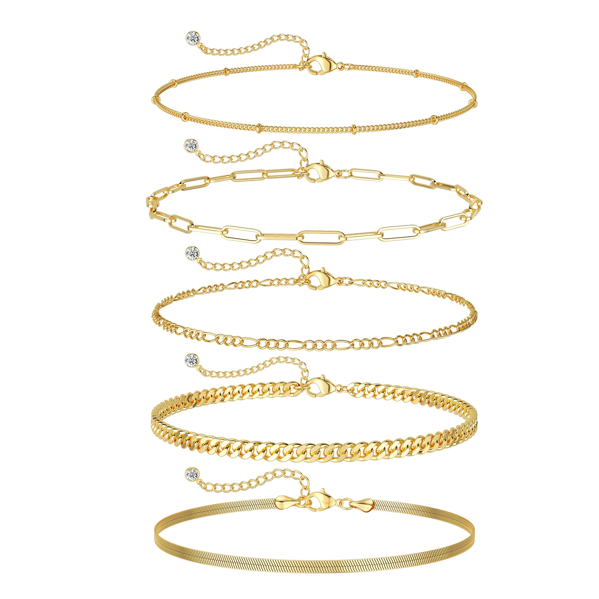 Dearmay Gold Bracelets for Women Waterproof, 14K Gold Plated Minimalist Bracelets Stack Non Tarnish Trendy Dainty Herringbone Vintage Cuban Paperclip Rope Thin Box Link Chain Stackable Jewelry Sets Modern Fashion Accessories Gifts for Womens