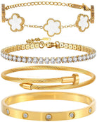 18K Gold Plated Bangle Bracelet Set for Women Stackable Lucky Floral Adjustable Tennis Bracelet Non Tarnish Gift Jewelry for Christmas Valentines Birthday Mother's Day