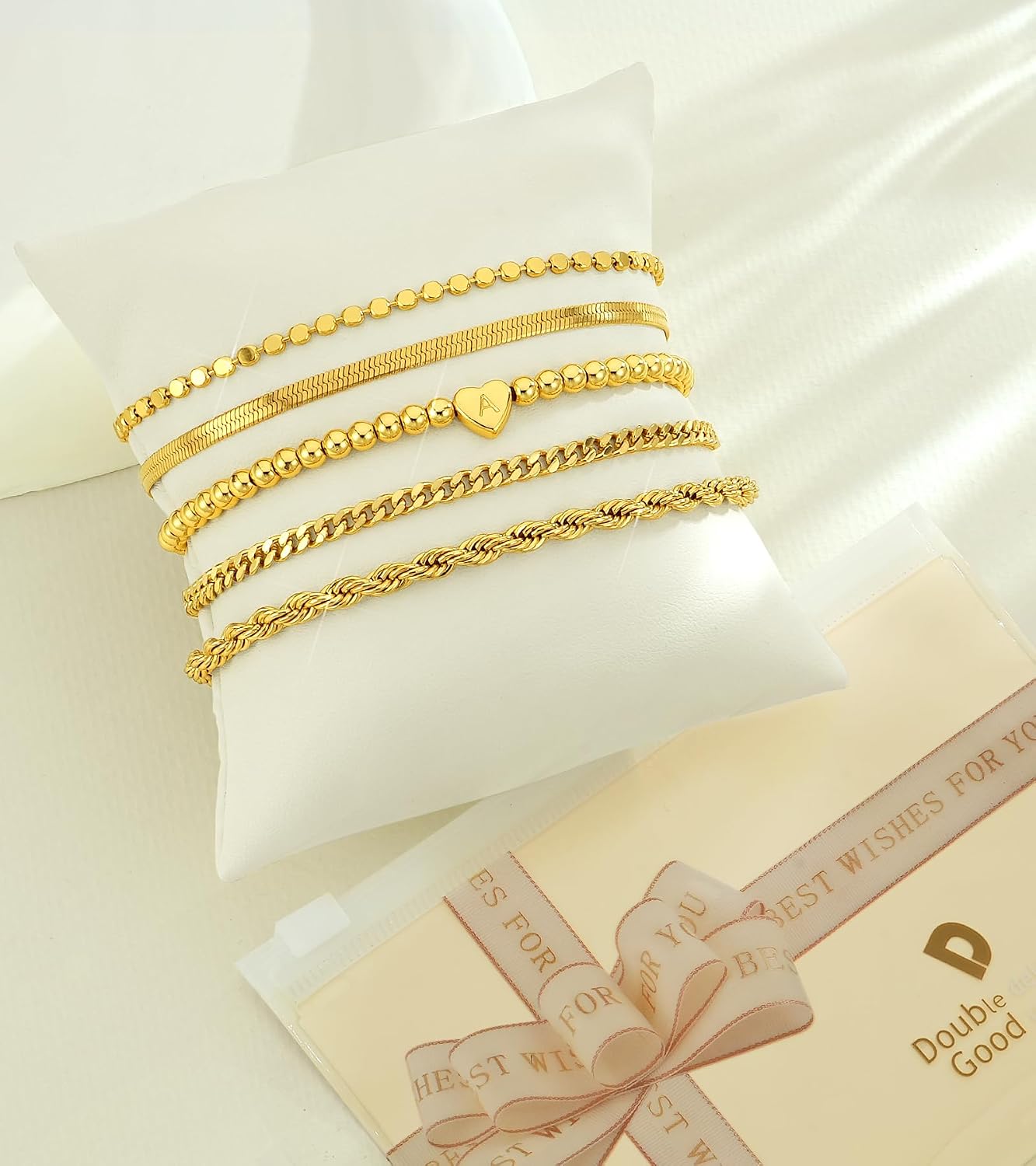 doubgood Gold Bracelets for Women Stackable, 14K Gold Plated Waterproof Bracelet Set, Dainty Adjustable Gold Bracelet Stack with Heart Initial Charm Layered Chain Jewelry Gifts for Women