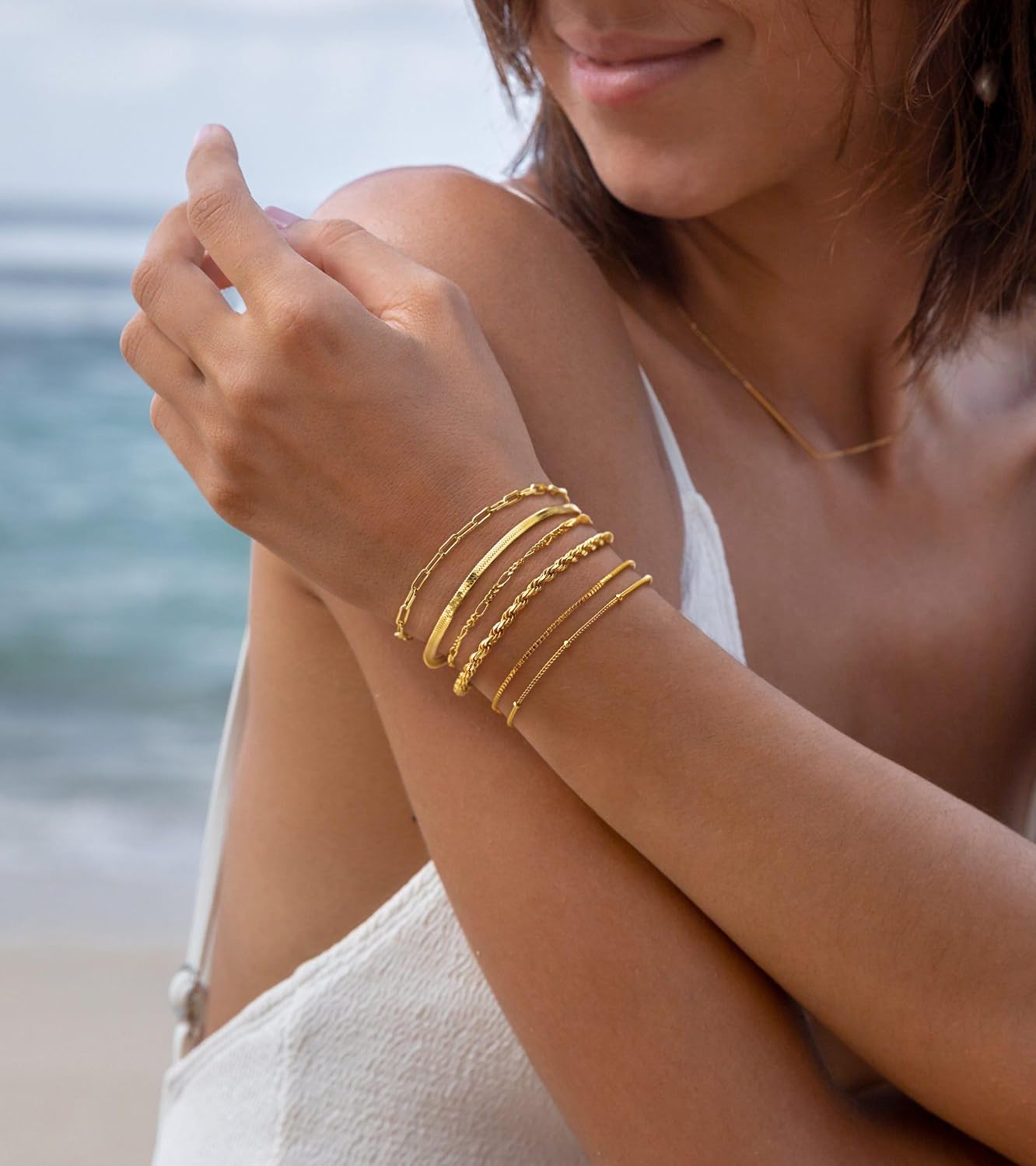 Dearmay Gold Bracelets for Women Waterproof, 14K Gold Plated Minimalist Bracelets Stack Non Tarnish Trendy Dainty Herringbone Vintage Cuban Paperclip Rope Thin Box Link Chain Stackable Jewelry Sets Modern Fashion Accessories Gifts for Womens