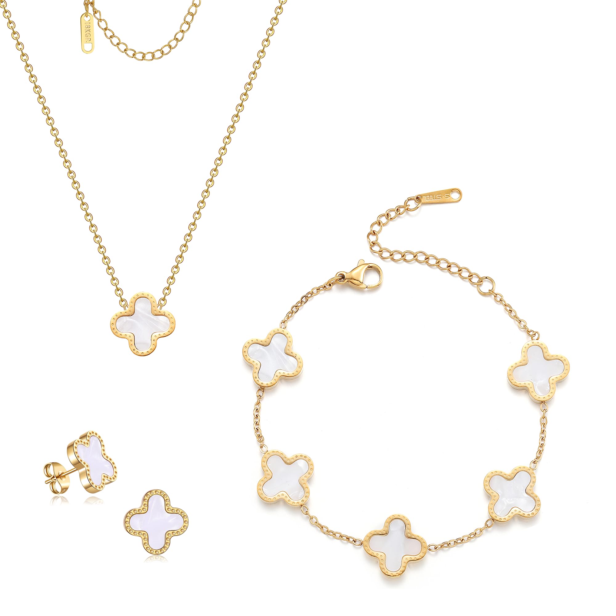 TICVRSS Lucky Clover Sets, 18K Gold Plated Four Leaf Clover Bracelet, Necklace Pendant, Earrings for Women Flower Link Bracelets Set Jewelry Gifts for Women