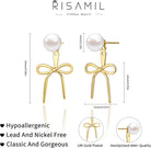 Risamil 14K Gold Plated/Silver Earrings for Women Trendy, Dainty Bow Earrings for Women Cute Pearl Huggie Earring Hoops Twist Rope Bow Stud Pearl Dangle Cubic Zirconia Earrings Jewelry Gifts