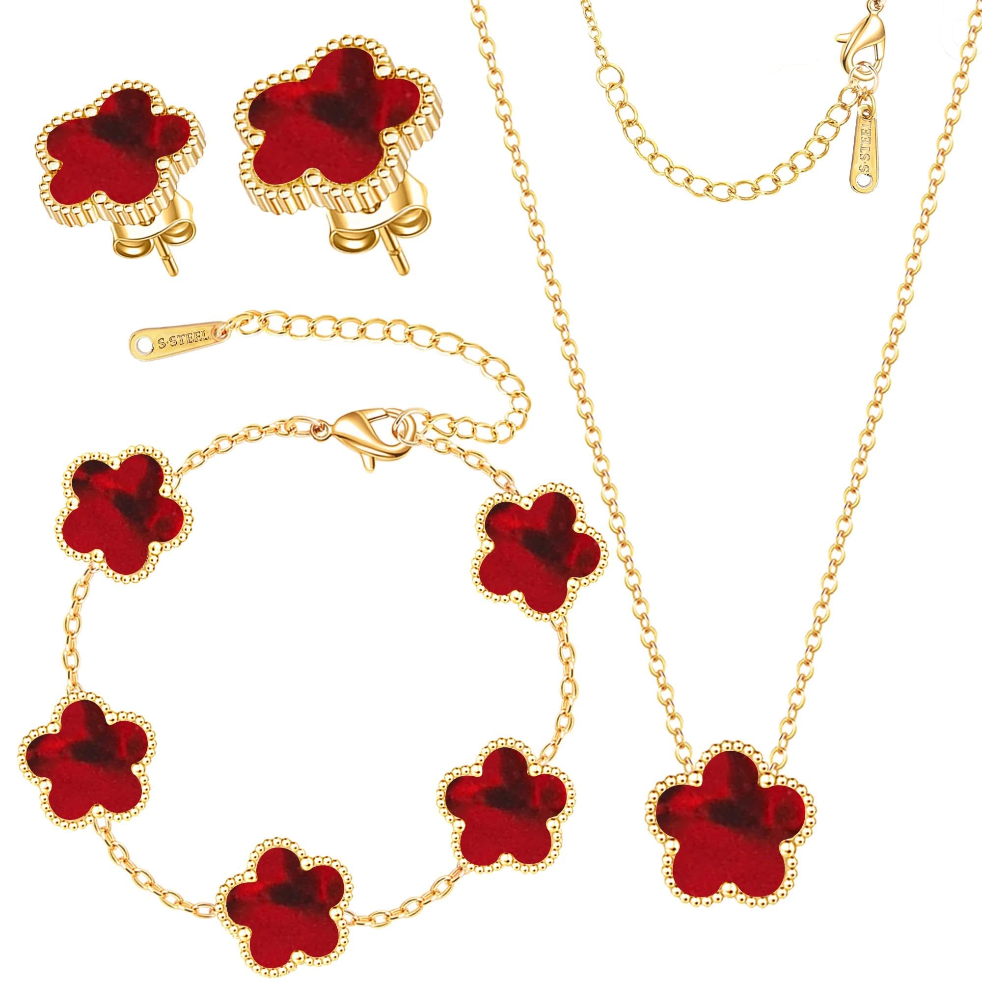 Clover Jewelry Set 3 PC - 18K Gold Plated Stainless Steel Y Necklace Four Leaf Pendant, Clover Link Bracelet Charm, Flower Earrings, Hypoallergenic Non-Tarnish,Simple Luxury Lucky Gifts for Women