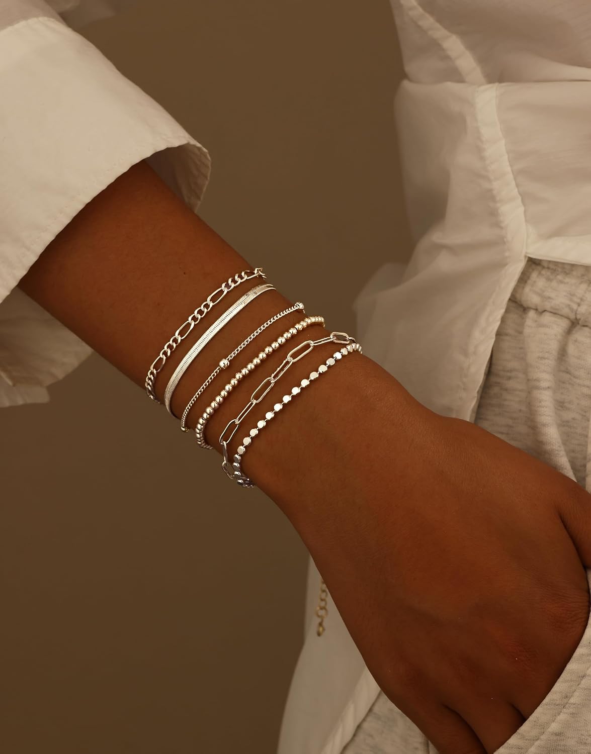 DEARMAY 6PCS Gold&Silver Bracelets Set for Women Dainty, Stackable Sterling Silver Plated Beaded Figaro Herringbone Paperclip Chain Waterproof, Layered Bracelets Set Gifts for Women Mom Her