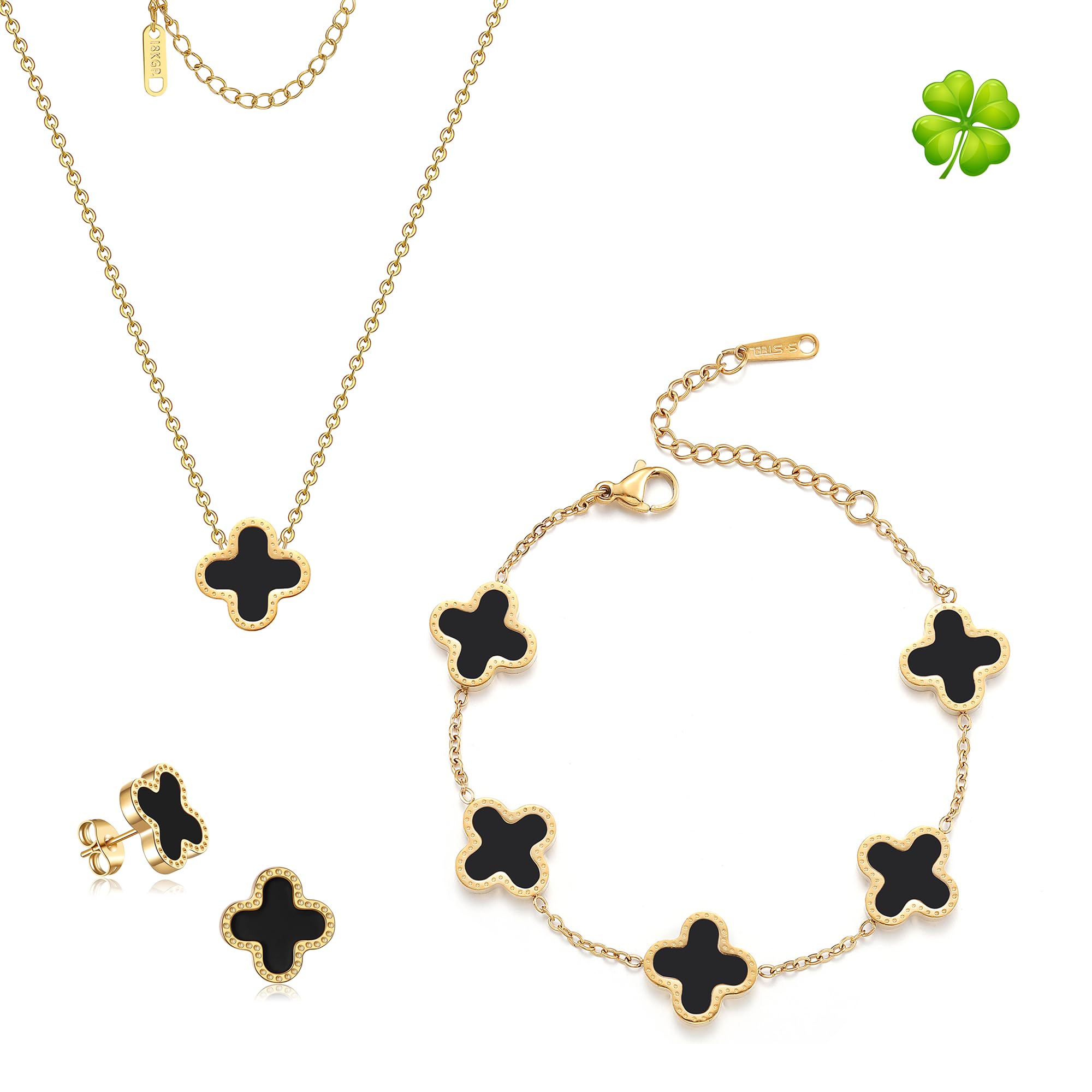 TICVRSS Lucky Clover Sets, 18K Gold Plated Four Leaf Clover Bracelet, Necklace Pendant, Earrings for Women Flower Link Bracelets Set Jewelry Gifts for Women