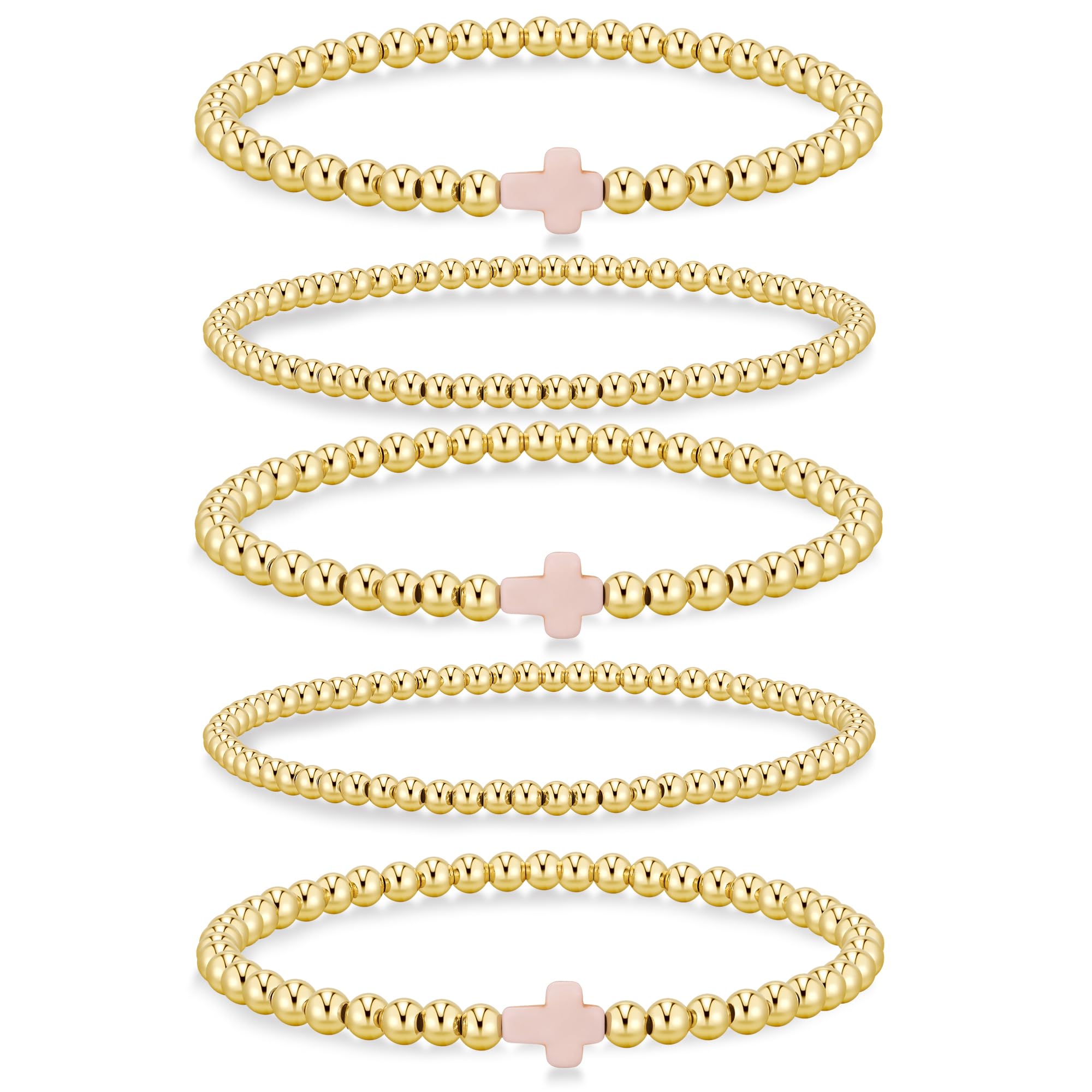 Yoosteel Gold Beaded Bracelets Set for Women Teen Girl Gifts Non Tarnish - 14K Gold Plated Dainty Round Beaded Pearl Cross Bracelet Stack for Women Teenage Girls Stackable Jewelry Gifts