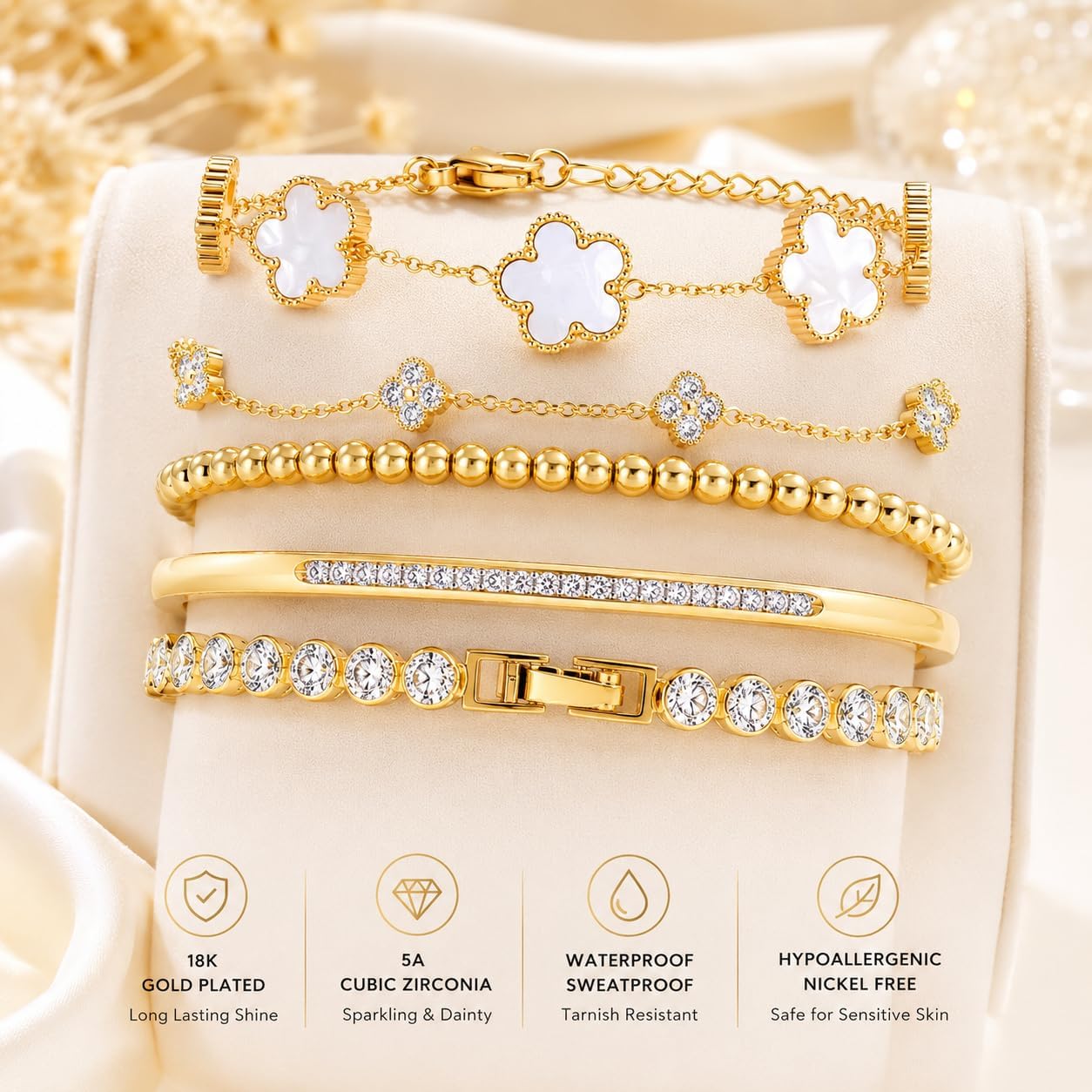 18K Gold Plated Clover Bracelet Set for Women - Four Leaf Lucky Clover Stackable Bracelets, Adjustable Beaded Chain Jewelry, Trendy Birthday Gift for Her